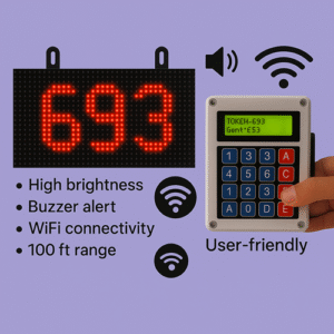 Wireless token number display board with bright red LEDs, buzzer alert, remote keypad, and Wi-Fi connectivity.
