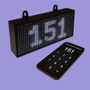 Wireless token number remote showing a white LED display for seamless queue management.