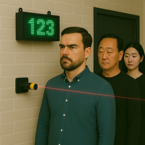 People crossing a laser beam that updates a green LED visitor counter display mounted on a wall.