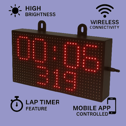 Digital LED stopwatch with Wi-Fi control featuring 00:06 time and 319 count in bold red digits on a black metal-body display.