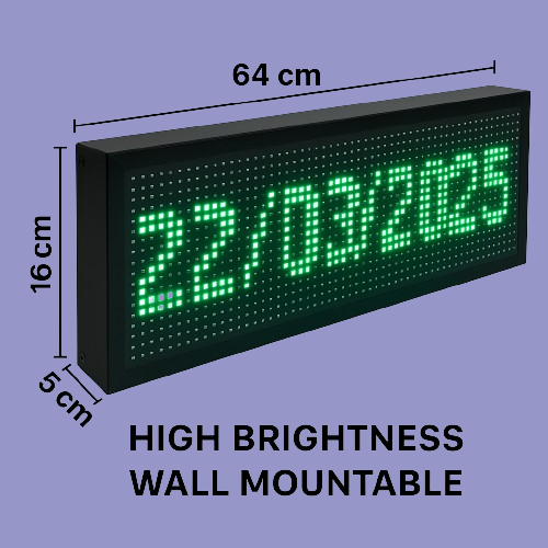 Industrial LED Digital Wall Clock with P10 Green LED display, high brightness, large time and date format, perfect for industrial and commercial spaces.