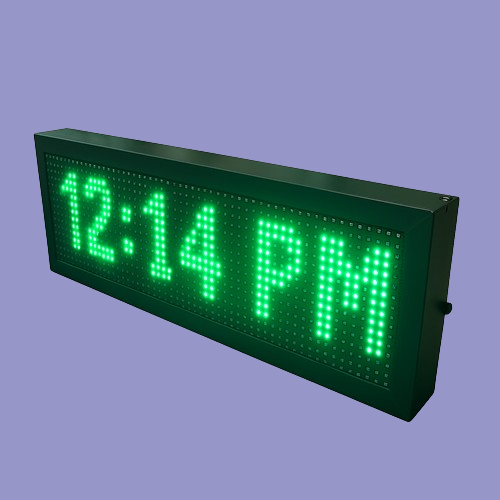 Adisans Industrial LED Digital Wall Clock with Green P10 Display showing 12:14 PM for commercial and industrial timekeeping