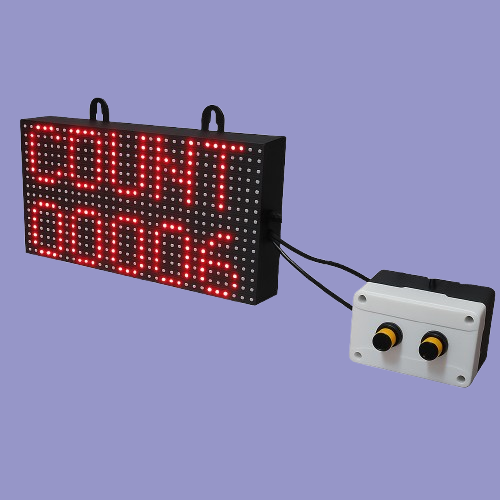 P10 LED visitor counter showing “COUNT 00006” alongside dual-entry sensors in a compact enclosure.