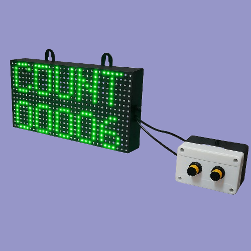 P10 LED visitor counter showing “COUNT 00006” alongside dual-entry sensors in a compact enclosure.
