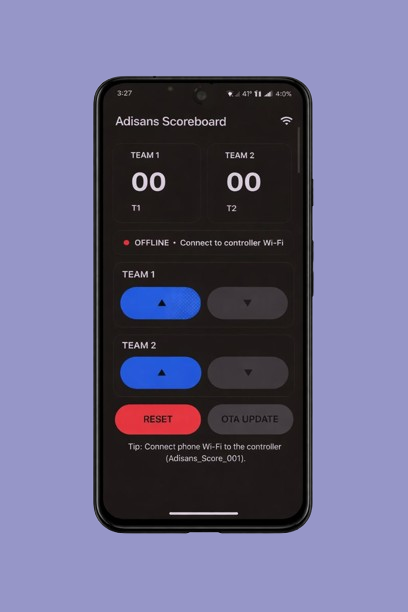 Universal wireless LED sports scoreboard with dual team display (T1 T2)